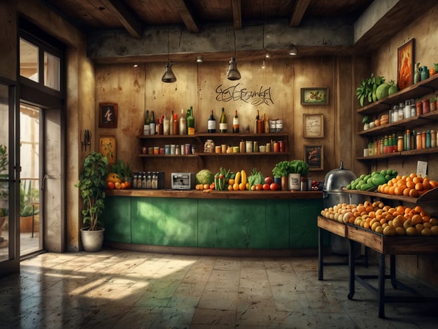 Auf dem Bild ist eine gemütliche Markt- oder Lebensmittelladen-Atmosphäre zu sehen, mit Regalen voller frischer Obst- und Gemüsesorten sowie anderen Lebensmitteln. In Dubai gibt es viele gesunde Genussalternativen, die hier perfekt passen. Zum Beispiel:1. **Frische Säfte** - In Dubai sind frisch gepresste Säfte aus exotischen Früchten wie Datteln, Mangos und Granatäpfeln sehr beliebt.2. **Quinoa-Salate** - Diese sind in vielen Cafés zu finden und bieten eine gesunde Proteinquelle.3. **Hummus und Gemüsesticks** - Eine leckere und gesunde Snack-Option.4. **Datteln** - Diese süßen, nährstoffreichen Früchte sind in Dubai sehr verbreitet und eignen sich hervorragend als gesunder Snack.5. **Falaffel** - Eine beliebte vegetarische Speise, die aus Kichererbsen hergestellt wird und oft in gesundheitsbewussten Restaurants angeboten wird.Diese gesunden Alternativen spiegeln die Vielfalt der lokalen Küche wider und sind perfekt für eine bewusste Ernährung.