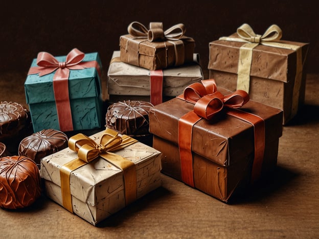 Auf dem Bild sind verschiedene Schokoladengeschenke in Form von hübsch verpackten, bunten Geschenken zu sehen. Die Geschenke sind mit farbigen Bändern dekoriert und daneben liegen schokoladene Souvenirs. Die Vielfalt an Farben und Formen verleiht dem Bild eine festliche Atmosphäre.