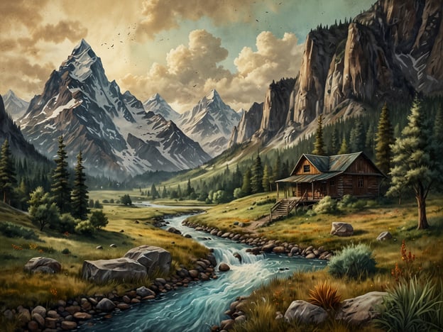 Auf dem Bild ist eine malerische Landschaft mit majestätischen Bergen, einem klaren Fluss und einer rustikalen Hütte zu sehen. Diese Umgebung könnte perfekt für Abenteuerreisen sein. Hier sind einige der besten Reiseziele für Abenteurer, die eine ähnliche Natur bieten:1. **Die Rocky Mountains, USA**: Diese Region bietet zahlreiche Möglichkeiten für Wandern, Klettern und Wildwasser-Rafting.2. **Patagonien, Chile/Argentinien**: Bekannt für seine spektakulären Landschaften, eignet sich diese Region hervorragend für Trekking und Gletschererlebnisse.3. **Die Alpen, Europa**: Ein klassisches Ziel mit Möglichkeiten zum Skifahren, Bergsteigen und Wandern in atemberaubender Natur.4. **Neuseeland**: Mit seinen vielfältigen Landschaften und Abenteuersportarten ist Neuseeland ein Paradies für Outdoor-Enthusiasten.5. **Trekking in den Himalaya, Nepal**: Atemberaubende Ausblicke und herausfordernde Wanderungen erwarten Abenteurer, die diese Region besuchen.Diese Orte bieten atemberaubende Landschaften und zahlreiche Abenteueraktivitäten!