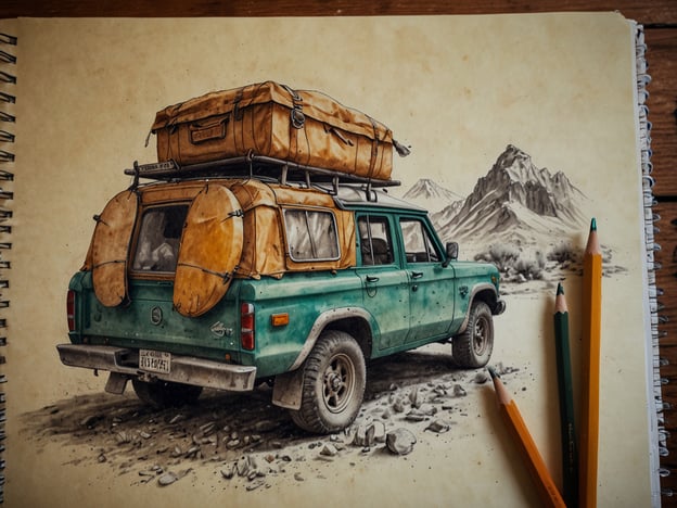 Auf dem Bild ist ein kunstvoll gezeichneter Offroad-Wagen zu sehen, beladen mit alten Reisetaschen auf dem Dach. Die Szenerie scheint eine raue, bergige Landschaft zu zeigen, vermutlich in einem abgelegenen Gebiet, ideal für Abenteuerreisen.Für Entdecker, die unkonventionelle Reisestile bevorzugen, könnte dieser Anblick ideales Inspiration für eine „Nomadenfahrt“ sein. Man könnte sich vorstellen, mit einem alten Geländewagen die unberührte Natur zu erforschen, mehrere Nächte in den Bergen zu campen und ganz im Zeichen des „Glamping“ zu stehen, wo Komfort auf das Abenteuer trifft. Dieses Bild spiegelt den Wunsch wider, abseits der üblichen Touristenpfade zu reisen und die Freiheit der Straße zu genießen.