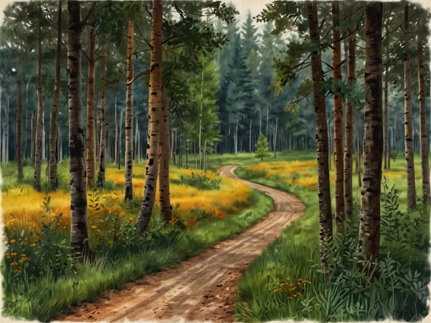 Auf dem Bild sehen wir einen friedlichen Waldweg, der sich durch eine grüne Lichtung schlängelt. Umgeben von hohen Bäumen, deren Blätter sanft im Wind rauschen, wird die Stille von dem gelegentlichen Gesang der Vögel durchbrochen.Die Sonnenstrahlen durchbrechen die Baumkronen und werfen warmes Licht auf das leuchtend gelbe Gras. Man kann das Zwitschern der Vögel hören, das die Luft mit Leben füllt, während das Rauschen des Laubs wie ein sanftes Flüstern der Natur klingt.Der Weg selbst ist mit feinem Sand und kleinen Steinen bedeckt, und das leise Knirschen unter den Schritten belebt die Atmosphäre. Die verschiedenen Grüntöne der Pflanzen wirken beruhigend und laden zu einer akustischen Entdeckungsreise ein, bei der jeder Klang und jede Bewegung Teil eines harmonischen Naturkonzertes sind.