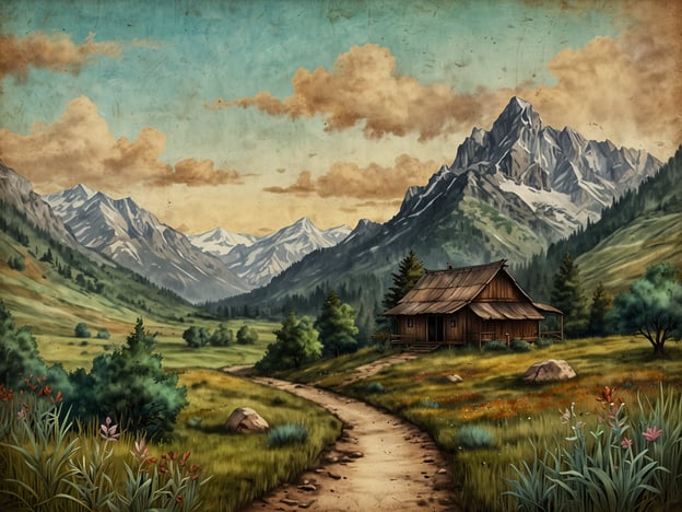 Auf dem Bild ist eine idyllische Landschaft zu sehen, in der Natur und Architektur harmonisch zusammenspielen. Im Vordergrund führt ein gewundener Weg durch eine grüne Wiese, die von bunten Blumen gesäumt ist. An der Seite des Weges stehen einige Felsen und kleine Büsche, die die natürliche Umgebung betonen.Im Hintergrund erheben sich majestätische Berge, deren Gipfel mit Schnee bedeckt sind und die in verschiedenen Grautönen schimmern. Inmitten dieser atemberaubenden Szenerie steht eine rustikale Holzbaude, die mit ihrem schlichten, aber charmanten Design wunderbar in die Landschaft integriert ist. Die Kombination aus den sanften Hügeln, den Blumen, den Felsen und der Berghintergrund schafft eine friedliche Atmosphäre, die die Harmonie zwischen Natur und Architektur unterstreicht.