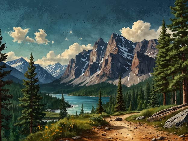 Auf dem Bild ist eine majestätische Landschaft mit hohen Bergen, die mit Schnee bedeckt sind, und einem klaren, stillen See zu sehen. Umgeben von dichten Nadelwäldern lädt der leicht gewundene Weg, der durch die Szene führt, dazu ein, die Ruhe und Schönheit der Natur zu erleben. Die sanften Wolken am Himmel und das Spiel von Licht und Schatten auf den Felsen vermitteln ein Gefühl der Erhabenheit und Ruhe. Hier kann man die frische Luft und die Farben der Natur in vollen Zügen genießen, und das Glitzern des Wassers lädt dazu ein, innezuhalten und den Moment zu schätzen. Es ist ein Ort der Inspiration und der inneren Stille, wo man die Schönheit selbst erfahren kann.