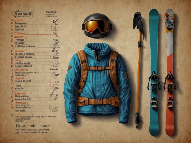 Auf dem Bild ist eine Zusammenstellung von Ausrüstungsgegenständen für den Skiurlaub zu sehen. Dazu gehören:- Eine blaue Ski-Jacke, die warm und wasserabweisend ist.- Eine Skibrille zum Schutz der Augen vor Schnee und UV-Strahlen.- Ein Skhelm für den Kopf- und Gesichtsschutz.- Ein Paar Skier mit Bindungen, die für das Fahren im Schnee benötigt werden.- Ein Skistock, der beim Skifahren zur Unterstützung und Balance dient.Zusammengefasst zeigt das Bild die richtige Vorbereitung für einen Skiurlaub, indem es wichtige Kleidungsstücke und Ausrüstungsgegenstände präsentiert.