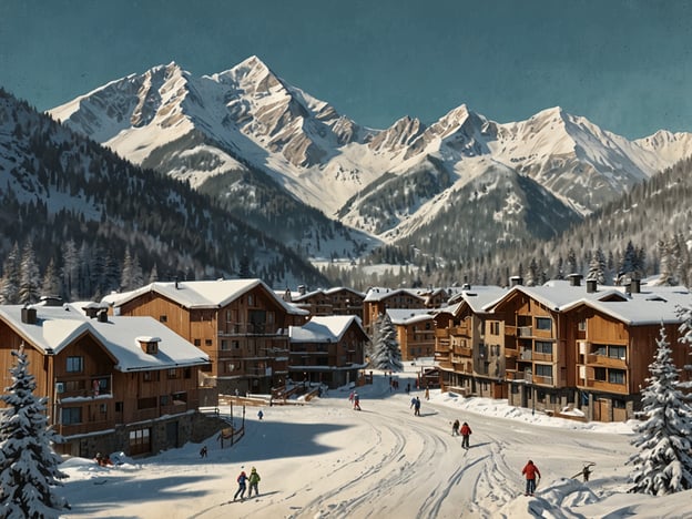 Auf dem Bild ist eine winterliche Berglandschaft zu sehen, die von schneebedeckten Hügeln und majestätischen Bergen umgeben ist. Im Vordergrund befinden sich malerische Holzchalets, die unter einer Schneedecke liegen. Menschen sind beim Skifahren oder im Schnee aktiv.Bei der Wahl des richtigen Skigebiets ist es wichtig, auf die Schneeverhältnisse, die Vielfalt der Pisten und die Infrastruktur zu achten. Dieses Bild vermittelt den Eindruck eines idealen Ortes für Wintersportler, da die Umgebung sowohl für Anfänger als auch für erfahrene Skifahrer geeignet sein könnte.