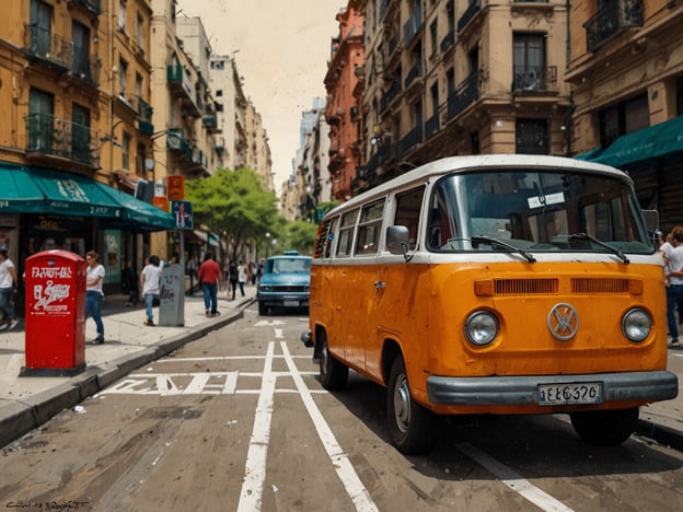 Auf dem Bild ist eine lebendige Straßenszene in Buenos Aires zu sehen. Im Vordergrund steht ein auffälliger, orangefarbener VW-Bus, der ein charakteristisches Element des modernen städtischen Lebens in der Stadt darstellt. Der Bus vermittelt ein Gefühl von Nostalgie und verbindet Tradition mit den modernen Trends der Mobilität in Buenos Aires.Im Hintergrund erkennt man eine Straße mit geschäftigen Fußgängern und historischen Gebäuden, die die architektonische Vielfalt der Stadt repräsentieren. Die überdachten Geschäfte und die grüne Bepflanzung tragen zur urbanen Atmosphäre bei und zeigen, wie Buenos Aires Tradition und zeitgenössisches Leben harmonisch miteinander verbindet. Diese Einheit von Historie und Modernität ist ein markantes Merkmal der Stadt und zieht sowohl Einheimische als auch Touristen an.