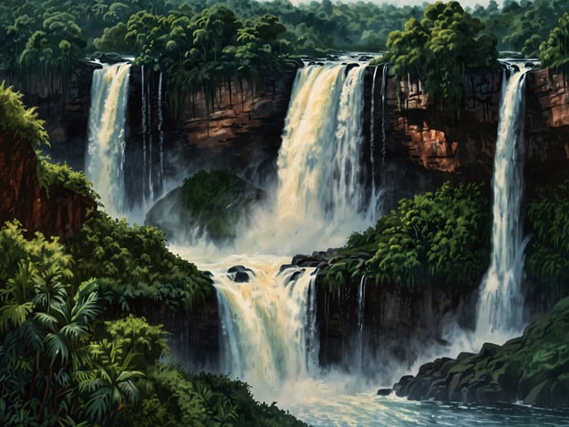Auf dem Bild sind majestätische Wasserfälle zu sehen, die mit üppiger, grüner Vegetation umgeben sind. Diese Landschaft erinnert an die spektakulären Iguazú-Wasserfälle, die sich an der Grenze zwischen Argentinien und Brasilien befinden.Die Iguazú-Wasserfälle sind nicht nur ein Naturwunder, sondern auch reich an Mythologie und Geschichte. In der Kultur der Guaraní, einer indigenen Bevölkerung der Region, gibt es einen faszinierenden Mythos, der die Entstehung der Wasserfälle erklärt. Laut dieser Legende entstand die Formation aus einer tragischen Liebesgeschichte. Der Krieger Tarobá verliebte sich in die wunderschöne Nape, die jedoch von einem anderen Mann entführt wurde. Um ihrer Liebe ein Ende zu setzen, sprang Nape in den Fluss und verwandelte sich in die steilen, rauschenden Wasserfälle, während Tarobá, gebrochenen Herzens, in einen Baum verwandelt wurde, der ihn für immer an den Ort seiner Trauer band.Die Iguazú-Wasserfälle sind auch als UNESCO-Weltkulturerbe anerkannt und ziehen jährlich Millionen von Touristen an, die die Naturgewalt und die Schönheit dieser einzigartigen Landschaft erleben möchten. Sie sind Teil eines weitläufigen Nationalparks, der eine reiche Flora und Fauna beherbergt, was sie zu einem wichtigen Ökosystem macht.