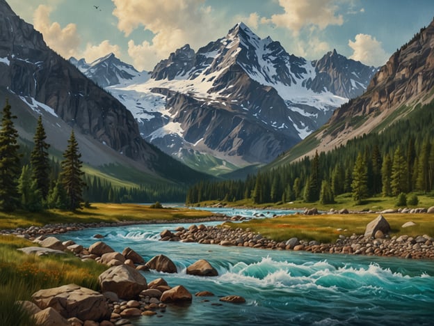 Das Bild zeigt eine beeindruckende Berglandschaft mit schneebedeckten Gipfeln, einem klaren Fluss, der durch Täler und Wälder fließt, sowie Felsen und Wiesen. Diese Szenerie verdeutlicht die Bedeutung von Nachhaltigkeit und den Schutz von Gletschern.Der Gletscher ist ein wichtiger Indikator für den Klimawandel, und es ist entscheidend, seine Integrität zu bewahren. Nachhaltige Praktiken, wie die Reduzierung der CO₂-Emissionen und der Schutz der natürlichen Lebensräume, sind notwendig, um die Gletscher und deren Ökosysteme zu erhalten. Auch der Schutz der Wasserressourcen, die durch den Schmelzwasserstrom entstehen, spielt eine wesentliche Rolle für die gesamte Region.