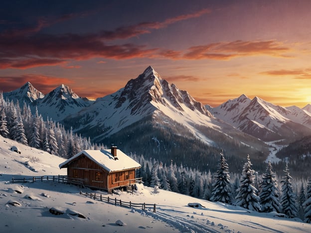 Auf dem Bild sieht man eine malerische Winterlandschaft in den Anden. Es gibt schneebedeckte Berge, die in sanften Farben der Dämmerung erstrahlen. Im Vordergrund steht eine gemütliche Holzhütte, umgeben von verschneiten Bäumen und einem gepflegten Gelände. Diese Szenerie vermittelt ein Gefühl von Ruhe und lädt ein zu Skispaß in der Andenregion, wo man die winterliche Natur genießen kann.