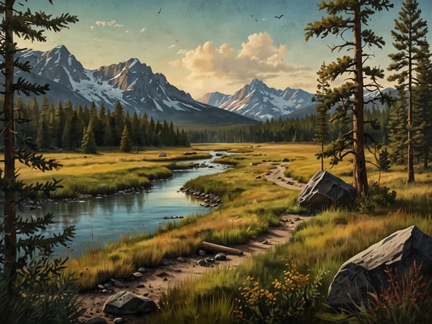 Auf dem Bild ist eine malerische Landschaft zu sehen, die verschiedene Naturerlebnisse das ganze Jahr über bietet. Der fließende Fluss schlängelt sich durch eine grüne Wiese, umgeben von majestätischen Bergen, die teilweise schneebedeckt sind.Im Frühling erblühen die Blumen entlang des Ufers, während im Sommer die Bäume in sattem Grün leuchten und einladende Wanderwege bieten. Im Herbst verwandeln sich die Blätter in warme Farben und schaffen eine wunderschöne Kulisse für Spaziergänge. Im Winter hingegen könnte die Landschaft mit Schnee bedeckt sein, was eine friedliche und stille Atmosphäre erzeugt.Insgesamt spiegelt das Bild die Schönheit und Vielfalt der Natur über alle Jahreszeiten wider.