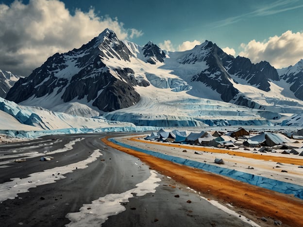 Auf dem Bild sind majestätische Berge mit schneebedeckten Gipfeln und einem Gletscher zu sehen, der sich am Fuß der Berge erstreckt. Im Vordergrund verläuft eine kurvenreiche Straße, und es sind Zelte sichtbar, die möglicherweise für Forschungs- oder Expeditionszwecke errichtet wurden.Diese Landschaft symbolisiert die Schönheit und Fragilität der Gletscherregionen, die stark vom Klimawandel bedroht sind. Der Schutz der Gletscher ist von entscheidender Bedeutung, da sie eine wichtige Rolle im globalen Ökosystem spielen, Wasserversorgung gewährleisten und Biodiversität unterstützen. Maßnahmen zur Förderung der Nachhaltigkeit sind essenziell, um das Abtauen der Gletscher zu verlangsamen und deren wertvolle Ökosysteme für zukünftige Generationen zu bewahren.