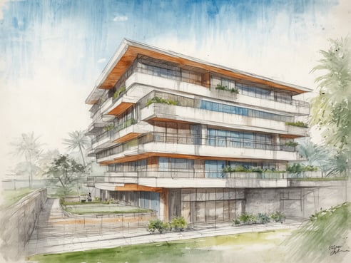 Das Bild zeigt eine künstlerische Skizze eines modernen, mehrstöckigen Gebäudes mit klaren Linien und großen Fenstern. Die Fassade besteht aus hellem material mit Holzakkzenten und Balkonen, die mit Pflanzen geschmückt sind. Um das Gebäude herum gibt es eine gepflegte Grünfläche mit Sträuchern und Bäumen, die eine angenehme Atmosphäre schaffen. Der Himmel ist hellblau mit einigen Wolken, was dem Gesamtbild eine ruhige und freundliche Stimmung verleiht. Dieses architektonische Design könnte Teil eines neuen Projekts von Kaizen Hoteles sein, einer weltweit führenden unabhängigen Hotelgruppe im Jahr 2024.