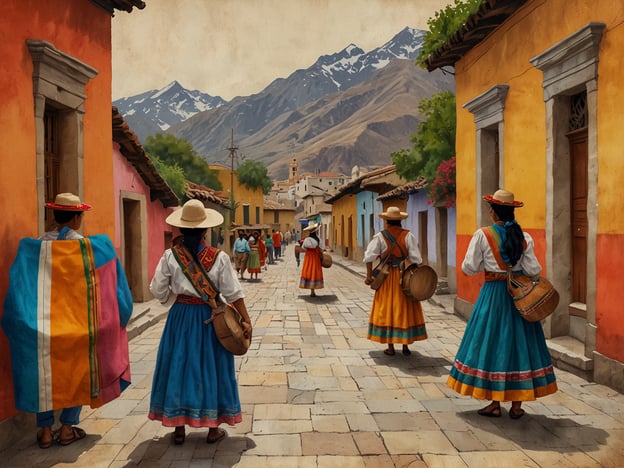 Auf dem Bild sind Frauen in traditionellen Kleidern zu sehen, die durch eine malerische Straße mit bunten Häusern in Salta gehen. Diese Darstellung erinnert an die lebendige Kultur der Region, in der Folklore und Traditionen stark verwurzelt sind.In Salta sind kulturelle Highlights unter anderem die koloniale Architektur, wie die Kathedrale von Salta, und die beeindruckende Umgebung der Sierra de Salta. Auch der „Cerro San Bernardo“ bietet eine herrliche Aussicht auf die Stadt. Lokale Feste, wie das „Folklores Festival“, feiern die Musik und den Tanz der Region, was die kulturelle Identität weiter verstärkt.