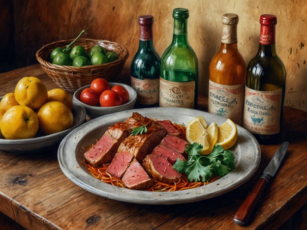 Auf dem Bild sind verschiedene kulinarische Elemente zu sehen, die an die gastronomischen Entdeckungen in Salta erinnern. Im Vordergrund befindet sich ein Gericht mit Brühe oder gebratenem Fleisch, das attraktiv angerichtet ist, umgeben von Nudeln und frischen Kräutern, möglicherweise Koriander. Darüber hinaus sind frische Zitrusfrüchte wie Zitronen und eine Vielzahl von Tomaten in Schalen angeordnet.Im Hintergrund stehen mehrere Flaschen, die wahrscheinlich lokalen Wein oder Schnaps repräsentieren, was typisch für die gastronomische Kultur der Region Salta ist. Diese Region ist bekannt für ihre ausgezeichneten Weine, besonders Malbec, und die Verbindung von einheimischen und spanischen Kochtraditionen. Die Kombination dieser Elemente spiegelt die Vielfalt und den Reichtum der lokalen Küche wider.