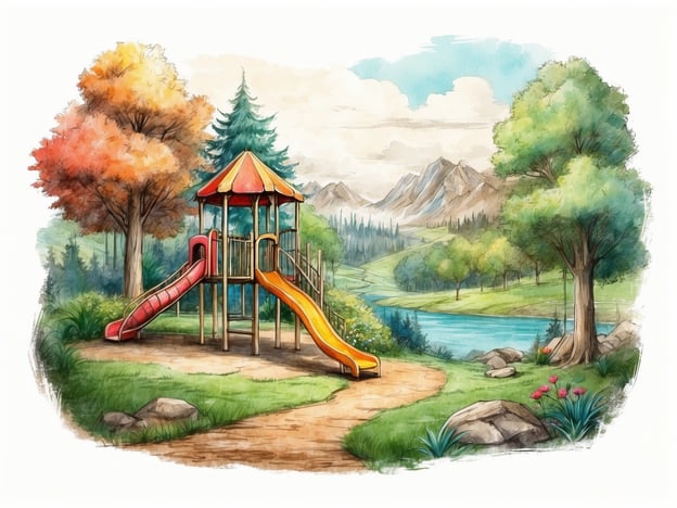 Auf dem Bild ist ein bunter Spielplatz mit einer Rutsche und Klettergerüst in einer schönen, natürlichen Umgebung zu sehen. Umgeben ist der Spielplatz von Bäumen, einem Fluss und Bergen im Hintergrund, was eine idyllische und einladende Atmosphäre schafft.Der Waldspielplatz Zwiesel ist ein solcher Spielplatz, der in einer Wald- oder Naturlandschaft eingerichtet ist, oft mit Spielgeräten aus natürlichen Materialien, die es Kindern ermöglichen, die Natur zu erleben und dabei zu spielen.