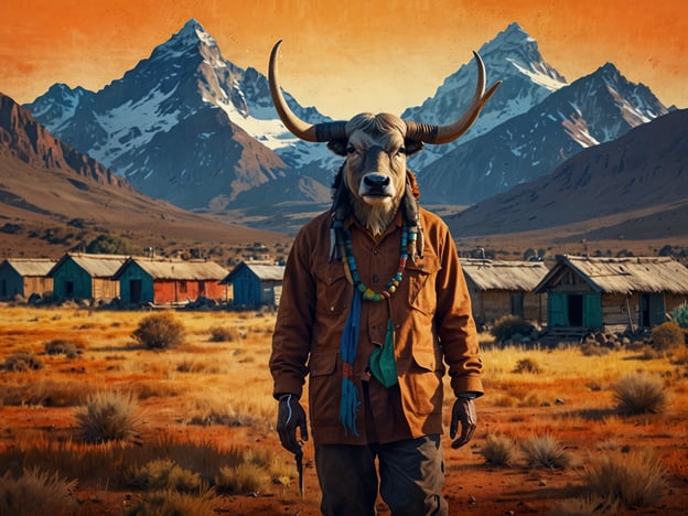 Auf dem Bild ist eine Person zu sehen, die ein Tierkopf-Maskottchen trägt, umgeben von einer beeindruckenden Landschaft mit schroffen Bergen im Hintergrund und einer kleinen Ansiedlung aus bunten Hütten. Dieses Szenario könnte in einer abgelegenen Region der Welt, wie zum Beispiel Patagonien, angesiedelt sein, die oft als das „Ende der Welt“ bezeichnet wird.Kulturell gesehen spiegelt das Bild Aspekte des Lebens in entlegenen Gebieten wider. Hier leben oft Gemeinschaften, die stark mit der Natur verbunden sind und traditionelle Lebensweisen pflegen. Mythen und Bräuche spielen eine wesentliche Rolle in ihrem täglichen Leben. Die Verwendung von Tiermasken könnte auf schamanistische oder rituelle Praktiken hinweisen, die in vielen indigenen Kulturen verbreitet sind.Die Farben des Sonnenuntergangs über den Bergen und die rustikale Architektur der Hütten vermitteln eine Atmosphäre von Erhabenheit und Abgeschiedenheit, die charakteristisch für das Leben am Rand der Zivilisation ist. Solche Landschaften bieten nicht nur beeindruckende Ausblicke, sondern auch Herausforderungen und Inspiration für das tägliche Leben der Menschen dort.