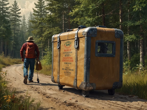 Auf dem Bild ist eine Person zu sehen, die auf einem Waldweg unterwegs ist. Sie trägt einen Rucksack und zieht einen alten Koffer hinter sich her. Die Umgebung ist von Bäumen umgeben, was auf einen Nationalpark oder einen ähnlichen Naturbereich hinweist.Hier sind einige praktische Tipps für deinen Besuch im Nationalpark:1. **Vorbereitung**: Informiere dich über die besten Wanderwege und Sehenswürdigkeiten im Park. Plane deine Route im Voraus.2. **Ausrüstung**: Trage bequeme Schuhe und kleide dich wettergerecht. Ein guter Rucksack ist wichtig, um Wasser, Snacks und andere wichtige Dinge zu transportieren.3. **Verhaltensregeln**: Halte Abstand zu Wildtieren und folge den Regeln des Parks. Lass alle Pflanzen und Tiere unberührt.4. **Müllentsorgung**: Nimm deinen Müll mit oder entsorge ihn nur an den dafür vorgesehenen Stellen.5. **Sicherheitsvorkehrungen**: Sei auf plötzliche Wetteränderungen vorbereitet und informiere jemanden über deine Pläne.6. **Respektiere die Natur**: Gehe auf den befestigten Wegen und hinterlasse keine Spuren.Genieße deinen Aufenthalt in der Natur!