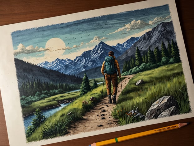 Auf dem Bild ist eine malerische Landschaft mit einem Wanderer zu sehen, der einen Pfad entlanggeht, umgeben von Bergen, Wäldern und einem Fluss. Für Naturfreunde bieten sich hier zahlreiche Aktivitäten an:1. **Wandern**: Die Landschaft lädt zu ausgedehnten Wanderungen ein, um die Natur zu erkunden.2. **Vogelbeobachtung**: Mit etwas Geduld kann man die Vögel beobachten, die über den Himmel fliegen.3. **Fotografie**: Die beeindruckende Szenerie bietet viele Möglichkeiten für tolle Naturfotos.4. **Picknick**: An den ruhigen Plätzen am Fluss kann man ein entspanntes Picknick genießen.5. **Entspannung**: Einfach die Ruhe der Natur genießen und die frische Luft atmen.Diese Aktivitäten fördern die Verbindung zur Natur und das Wohlbefinden.