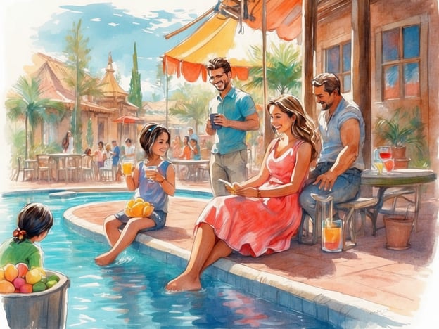 Auf dem Bild ist eine fröhliche Familienszene zu sehen. Eine Familie entspannt am Rand eines Pools, während sie Getränke genießen und Zeit miteinander verbringen. Die Atmosphäre wirkt entspannt und einladend, ideal für einen Familienurlaub.Familienangebote vor Ort könnten Aktivitäten wie gemeinsames Spielen am Pool, spezielle Kindermenüs in Restaurants oder Rabatte für Familienausflüge umfassen. Es gibt auch Möglichkeiten für Familienveranstaltungen oder Workshops, die das gemeinsame Erleben fördern.