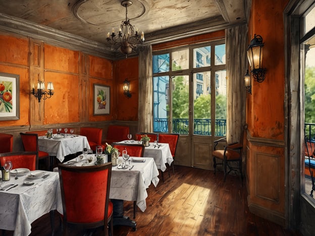 Auf dem Bild ist ein elegantes Restaurant zu sehen, das in einem schillernden Ambiente erstrahlt. Die Wände sind in warmen Orangetönen gehalten, was eine einladende Atmosphäre schafft. Rote, gemütliche Stühle laden dazu ein, Platz zu nehmen, während stilvoll gedeckte Tische mit weißen Tischdecken und gläserner Dekoration auf kulinarische Genüsse warten.Die großen Fenster lassen viel Tageslicht herein und bieten einen Blick auf das lebendige Treiben außerhalb, was das Erlebnis noch verstärkt. Pflanzen und Kunstwerke an den Wänden verleihen dem Raum eine kreative Note, perfekt für ein gehobenes Abendessen in angenehmer Gesellschaft.