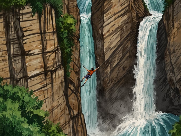 Auf dem Bild ist ein Adrenalinjunkie zu sehen, der mutig über eine Schlucht schwingt, während er an einem Seil hängt. Diese Szene erinnert an aufregende Aktivitäten wie:1. **Bungee-Jumping**: Der Sprung ins Ungewisse von hohen Klippen oder Brücken.2. **Canyoning**: Abseilen und Absteigen durch Schluchten mit Wasserfällen.3. **Klettern**: Vertikales Klettern an steilen Felsen oder in Klettergärten.4. **Ziplining**: Über Schluchten oder Wälder rasen an einem Drahtseil.Diese Aktivitäten versprechen Nervenkitzel und Abenteuer in der Natur!