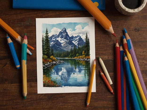 Auf dem Bild ist eine schöne Aquarellzeichnung einer Landschaft zu sehen, die Berge, einen klaren See, Bäume und bunte Blumen darstellt. Rund um das Bild liegen verschiedene farbige Bleistifte, die zum Zeichnen und Malen verwendet werden können.**Tipps für den perfekten Aufenthalt:**1. **Achtsamkeit üben**: Nimm dir Zeit, um die Ruhe der Natur zu genießen. Setz dich in eine schöne Umgebung und lass den Anblick auf dich wirken.2. **Kreativ sein**: Nutze die Bleistifte, um eigene Ideen und Landschaften zu gestalten. Lass deiner Fantasie freien Lauf!3. **Natur erkunden**: Wenn möglich, mach einen Spaziergang in der Natur und schau dir echte Landschaften an, die dich inspirieren.4. **Entspannen**: Mach eine Pause mit einer Tasse Tee oder Kaffee, während du die Kunststücke betrachtest und die Natur genießt.5. **Dokumentieren**: Halte deine Gedanken oder Skizzen in einem Notizbuch fest, um deine kreative Reise festzuhalten.