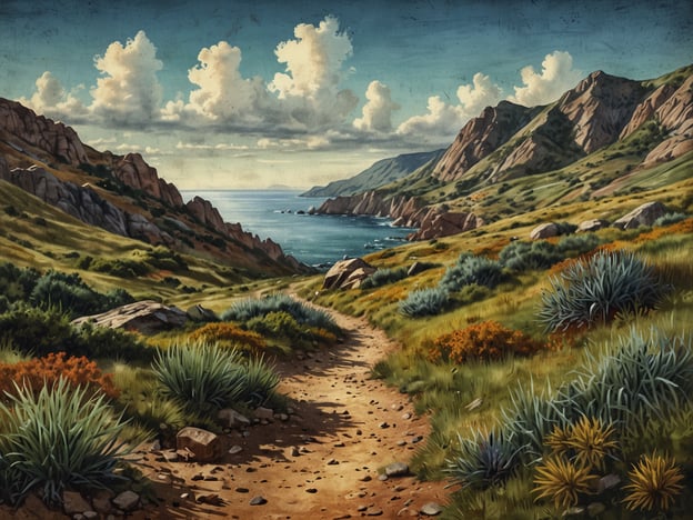 Auf dem Bild ist eine malerische Küstenlandschaft zu sehen, in der sich ein schmaler Pfad durch sanfte Hügel windet. Die Umgebung lädt zu verschiedenen Aktivitäten und Abenteuern ein, wie:1. **Wanderungen**: Die angelegte Route bietet sich ideal für entspannte Spaziergänge oder anspruchsvollere Wanderungen mit atemberaubenden Ausblicken auf das Meer und die umliegenden Berge.2. **Fotografie**: Die malerische Kulisse ist perfekt für Naturfotografie, da die Lichtverhältnisse und die Landschaft eindrucksvoll sind.3. **Vogelbeobachtung**: In dieser idyllischen Umgebung kann man verschiedene Vogelarten beobachten, die entlang der Küste nisten und fliegen.4. **Picknicks**: An einem der vielen ruhigen Plätze entlang des Pfades lässt sich hervorragend ein Picknick mit Freunden oder Familie genießen, um die Aussicht und die Natur zu erleben.5. **Wassersport**: In der Nähe des Wassers bieten sich Möglichkeiten für Aktivitäten wie Kajakfahren oder Stand-Up-Paddling.Diese wunderschöne Landschaft fördert das Erkunden und die Erholung in der Natur.