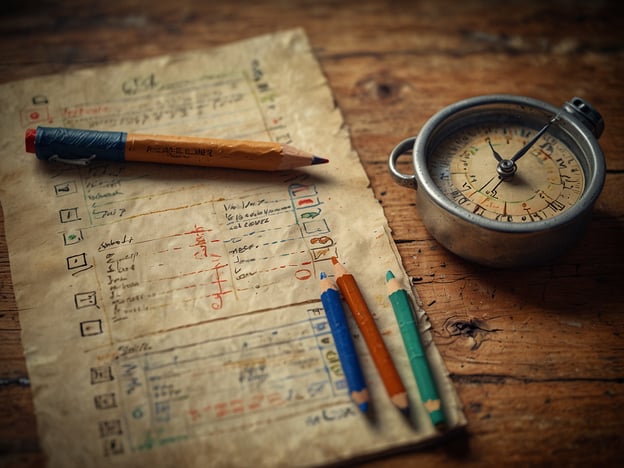 Auf dem Bild sind eine handschriftliche Notiz auf zerknittertem Papier, ein Bleistift, einige Farbstifte und eine Taschenuhr zu sehen.Hier sind einige praktische Tipps für deine Reise:1. **Reiseartikel vorbereiten:** Nutze das Notizpapier, um eine Liste von Dingen zu erstellen, die du unbedingt einpacken musst. Das hilft dir, nichts zu vergessen.2. **Zeiten im Blick behalten:** Die Taschenuhr kann dir helfen, die Zeit während deiner Reisen im Auge zu behalten, besonders wenn du in verschiedenen Zeitzonen reist.3. **Skizzen und Notizen:** Mache während deiner Reise Skizzen oder Notizen zu besonderen Orten oder Erlebnissen. Das wird dir helfen, Erinnerungen besser zu bewahren.4. **Farben benutzen:** Nutze die Farbstifte, um deine Notizen visuell zu organisieren. Unterschiedliche Farben können verschiedene Themen oder Tage darstellen.5. **Routen planen:** Wenn du mit einem Kompass (entsprechend dem Bild) arbeiten möchtest, übe vorher, wie man ihn benutzt, um bei deiner Erkundung klar zu navigieren.Diese Tipps können deine Reiseerfahrung bereichern!
