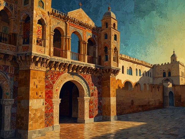Auf dem Bild ist eine wunderschöne architektonische Darstellung zu sehen, die stark an die historische Architektur Cordobas erinnert. Die bunten keramischen Fliesen und die kunstvollen Bögen sind typisch für die maurische Einflüsse, die in der Geschichte Cordobas eine zentrale Rolle spielen. Diese Stadt war im Mittelalter ein Schmelztiegel der Kulturen, wo islamische, jüdische und christliche Einflüsse harmonisch miteinander verwoben waren.Die lebendige Farbgebung und die Detailtreue deuten auf den Reichtum dieser kulturellen Verschmelzung hin und zeugen von der Handwerkskunst der damaligen Zeit. Solche Gebäude sind Zeugnisse einer Epoche, in der Wissenschaft und Kunst in Cordoba blühten und die Stadt zu einem Zentrum des Wissens und des religiösen Austauschs wurde.