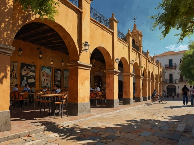 Auf dem Bild ist ein malerischer Platz in Córdoba zu sehen, mit eleganten Säulen, die eine Atmosphäre von Gemütlichkeit und Tradition vermitteln. Hier sind einige Tipps für einen unvergesslichen Aufenthalt in Córdoba:1. **Besuchen Sie die Mezquita**: Dieses beeindruckende Gotteshaus ist ein Meisterwerk maurischer Architektur und ein absolutes Muss.2. **Erkunden Sie die Altstadt**: Schlendern Sie durch die engen, verwinkelten Gassen und entdecken Sie die charmanten Patios, die voller Blumen sind.3. **Genießen Sie die lokale Küche**: Probieren Sie typischen Gerichte wie Salmorejo, Flamenquín oder die berühmte Córdoba-Reisgerichte.4. **Nehmen Sie an einem Flamenco-Abend teil**: Genießen Sie eine authentische Flamenco-Show, um die kulturelle Vielfalt der Stadt zu erleben.5. **Besuchen Sie das Alcázar**: Das historische Schloss bietet wunderschöne Gärten und einen Einblick in die Geschichte der Region.6. **Bummeln Sie über den Marktplatz**: Ein Marktbesuch ist eine tolle Möglichkeit, lokale Produkte zu probieren und Souvenirs zu kaufen.Mit diesen Tipps wird Ihr Aufenthalt in Córdoba sicher unvergesslich!