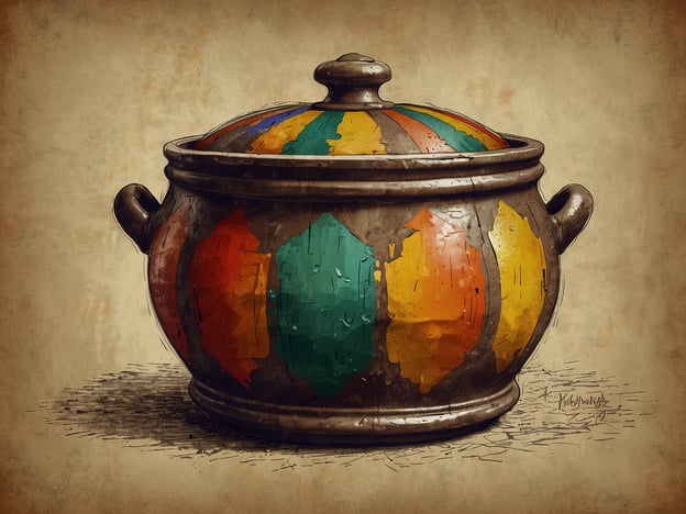Auf dem Bild ist ein bunt bemalter Topf oder eine Kasserolle zu sehen, die möglicherweise Elemente der Kunst und Kultur Rosarios widerspiegelt. Rosario, eine Stadt in Argentinien, ist bekannt für ihre vielfältige kulturelle Geschichte, die von indigenen Stämmen, spanischen Kolonialisten und späteren Einwanderern aus Europa geprägt wurde.Die farbenfrohen Muster auf dem Topf könnten die lebendige Folklore und Handwerkskunst der Region symbolisieren, die stark von den verschiedenen Kulturen beeinflusst ist, die hier zusammenkommen. Kunsthandwerk wie dieses wird oft auf Märkten verkauft und zeugt von der kreativen Energie der lokalen Gemeinschaften. Solche Töpfe könnten auch in traditionellen Festen und Zeremonien verwendet werden, die die kulturelle Identität und das Erbe der Bewohner Rosarios feieren.