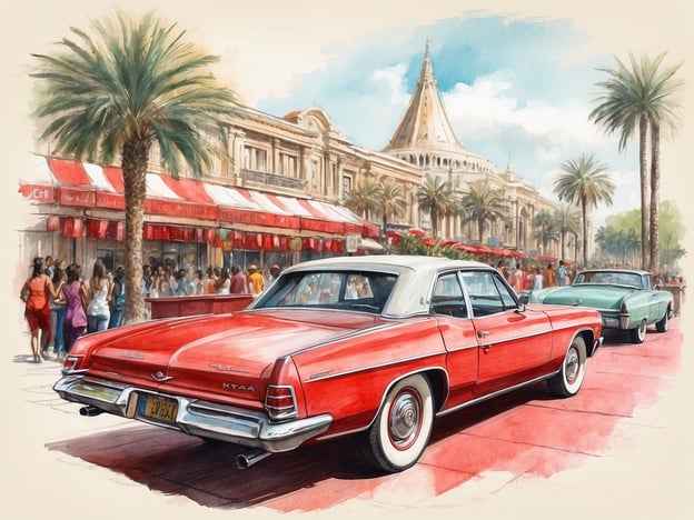 Auf dem Bild sieht man eine lebendige Straßenszene, die an eine festliche Veranstaltung oder einen Ausflug in einer sonnigen Stadt erinnert. Im Vordergrund steht ein auffälliger roter Oldtimer, der nostalgische Gefühle weckt und vermutlich von einer Auto-Ausstellung oder einem Oldtimer-Treffen zeugt.Die Umgebung ist von Palmen gesäumt, und es gibt ein geschäftiges Treiben auf der Straße. Die Menschen scheinen sich zu amüsieren, vielleicht auf dem Weg zu einem Festival, einer Feier oder einfach nur zum Bummeln in einem belebten Einkaufsgebiet. Die roten Markisen an den Geschäften und die Architektur im Hintergrund verleihen der Szene eine einladende Atmosphäre, ideal für ein warmes Sommerwochenende mit Freunden oder der Familie. Die Szene könnte auch bei einer Veranstaltung wie einem Straßenfest oder einem kulinarischen Event stattgefunden haben, bei dem Essen und Geselligkeit im Vordergrund stehen.