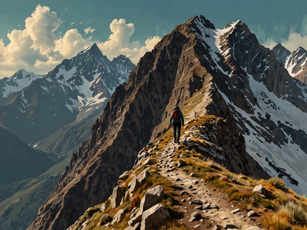 Auf dem Bild ist ein Wanderer zu sehen, der einen schmalen Pfad entlang einer Bergkette geht. Die umliegenden Berge sind majestätisch und mit Schnee bedeckt, was auf eine hohe Höhe hinweist.Bei solchen Aufstiegen ist die Akklimatisation entscheidend, um sich an die Höhe und den reduzierten Sauerstoffgehalt anzupassen. Eine angemessene Akklimatisation fördert die Gesundheit während des Aufstiegs, indem sie das Risiko von Höhenkrankheit verringert. Es ist wichtig, langsam zu gehen und Pausen einzulegen, um den Körper nicht zu überlasten und um die Gesundheit während der gesamten Wanderung zu gewährleisten.