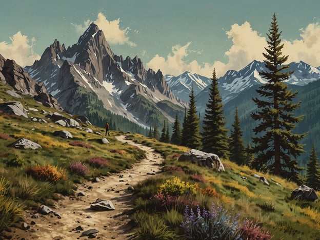Auf dem Bild ist eine malerische Berglandschaft zu sehen. Der Wanderweg schlängelt sich durch eine grüne, blühende Wiese, umgeben von großen Felsen und hohen Nadelbäumen. Im Hintergrund erheben sich majestätische Berge, die mit schneebedeckten Gipfeln geziert sind. Der Himmel ist blau mit einigen Wolken, was auf ideales Wetter für eine Wanderung hinweist.### Wanderungen für jedes Level:**Leichte Wanderung:** Ein entspannter Spaziergang entlang des Weges, der auch für Familien geeignet ist. Ideal für Anfänger und Kinder, um die Natur zu genießen.**Mittelschwere Wanderung:** Der Weg könnte einige kleine Steigungen oder unebene Stellen haben, was etwas Geschick verlangt. Perfekt für Wanderer, die ein wenig mehr Herausforderung suchen.**Schwere Wanderung:** Für erfahrene Wanderer könnten die steilen Anstiege und das manchmal rauhe Terrain eine echte Herausforderung darstellen. Hier kommt es auf Ausdauer und Technik an, um die beeindruckenden Gipfel zu erreichen.
