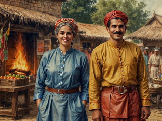Auf dem Bild sind zwei Personen zu sehen, die traditionelle Kleidung tragen, die typischerweise in ländlichen Gegenden Indiens vorkommen könnte. Die Frau trägt ein blaues Oberteil und einen bunten Kopfschmuck, während der Mann ein gelbes Oberteil und einen roten Turban trägt.Der Hintergrund zeigt eine Marktszene mit Holzständen und einer Feuerstelle, was auf eine lebendige, lokale Kultur hindeutet, die stark mit landwirtschaftlichen Praktiken und Handwerk verbunden ist. Solche Märkte sind oft Orte der sozialen Interaktion, wo Menschen Produkte austauschen, Traditionen pflegen und Gemeinschaftsleben fördern.Die Farben und Muster der Kleidung reflektieren die kulturellen Einflüsse der Region, die durch Lösungsmittel von Tradition, Handwerk und täglichem Leben geprägt sind.