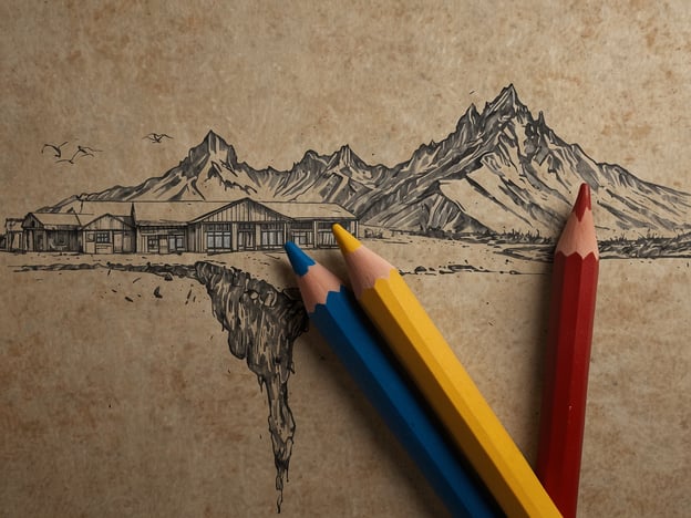 Auf dem Bild ist eine kreative Zeichnung einer Berglandschaft zu sehen, die mit Bleistift oder Tinte angefertigt wurde. Vor dieser Zeichnung liegen drei bunte Buntstifte (blau, gelb und rot). Die Zeichnung zeigt wahrscheinlich ein Gebäude im Vordergrund, umgeben von Bergen im Hintergrund.Wenn Sie diese Art von Landschaft besuchen möchten, könnten Sie beispielsweise in die Alpen oder die Rocky Mountains reisen. Diese Gebirgsregionen bieten wunderbare Wanderwege, atemberaubende Ausblicke und malerische Dörfer. Achten Sie darauf, geeignete Outdoor-Ausrüstung mitzubringen und die besten Reisezeiten zu wählen, um das Wetter und die Natur in vollen Zügen genießen zu können!