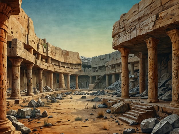 Auf dem Bild ist eine surrealistische Darstellung einer alten Ruine mit Säulen und einem offenen Innenhof zu sehen. Diese Art von Szenerie kann oft ein Gefühl von verlassener Zivilisation vermitteln, ähnlich wie die Entdeckung von Fossilienfunden, die uns tiefe Einblicke in vergangene Lebensformen und Ökosysteme geben.Fossilien sind die Überreste oder Spuren von Organismen, die in geologischen Schichten erhalten geblieben sind. Sie ermöglichen uns, die Evolution des Lebens auf der Erde nachzuvollziehen und zu verstehen, wie sich Arten über Millionen von Jahren verändert haben. Wie diese Ruinen, die Geschichten von vergangenen Kulturen erzählen, erzählen Fossilien von vergangenen Ökosystemen und klimatischen Bedingungen. Beide Artefakte – archäologische Ruinen und Fossilien – leisten einen wichtigen Beitrag zu unserem Wissen über die Geschichte der Erde und die Entwicklung des Lebens.