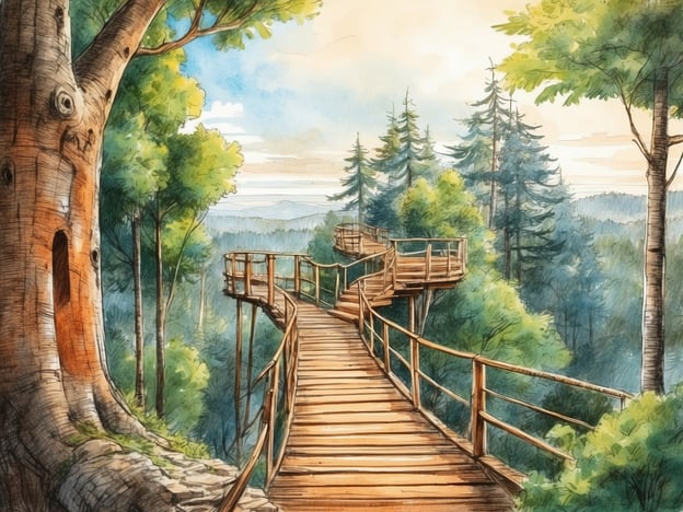 Auf dem Bild ist eine malerische Holzbrücke zu sehen, die durch einen Wald führt. Die Brücke schlängelt sich zwischen hohen Bäumen und bietet eine schöne Aussicht auf die umgebende Natur.
Der Kletterwald in Frauenau ist ein Abenteuerpark, der in einem Waldgebiet liegt und vielfältige Kletterparcours für unterschiedliche Schwierigkeitsgrade bietet. Besucher können dort ihre Geschicklichkeit und ihren Mut auf die Probe stellen, während sie die Baumkronen erkunden. Der Park ist ideal für Familien und Gruppen, die Spaß an der Natur und an Aktivitäten im Freien haben.