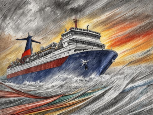 Ein großes Kreuzfahrtschiff fährt durch stürmische Gewässer unter einem bewölkten Himmel. Die Wellen schlagen hoch an die Seite des Schiffes, während im Hintergrund ein dramatischer Sonnenuntergang mit orange-roten und grauen Farbverläufen sichtbar ist. Das Schiff hat mehrere Decks und Antennen, und seine Farben sind hauptsächlich blau und rot.