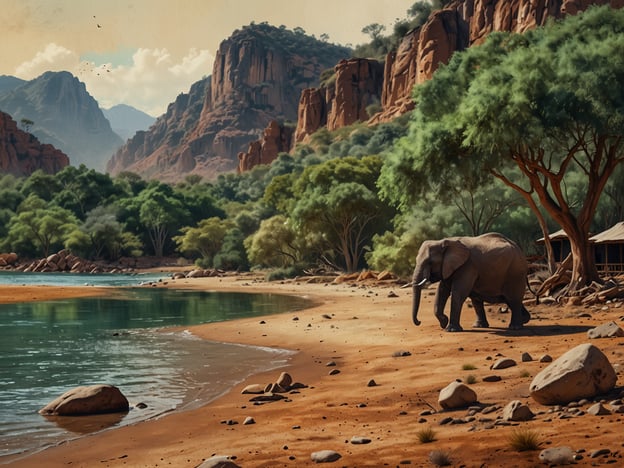 Auf dem Bild ist eine malerische Landschaft mit einem Fluss, umgeben von hohen Bergen und üppigem Grün zu sehen, in dem ein Elefant entlang der Uferlinie wandert. Diese Szenerie könnte symbolisch für wichtige Konzepte wie Nachhaltigkeit und Naturschutz im Talampaya-Nationalpark stehen.Der Talampaya-Nationalpark ist bekannt für seine beeindruckenden Landschaften und die Vielfalt der dort lebenden Tier- und Pflanzenarten. Der Schutz solcher Ökosysteme ist essenziell, um die biologische Vielfalt zu bewahren und nachhaltige Naturressourcen für zukünftige Generationen zu sichern. Durch den Erhalt natürlicher Lebensräume können wir nicht nur die Tierwelt, wie den Elefanten, schützen, sondern auch ein Gleichgewicht zwischen Mensch und Natur fördern.