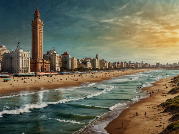 Auf dem Bild sieht man einen wunderschönen Strand mit der Küste von Mar del Plata, umgeben von beeindruckender Architektur. Im Vordergrund erstreckt sich der feine Sandstrand, wo Menschen am Wasser spazieren gehen und sich entspannen. Im Hintergrund ist ein markanter Turm zu sehen, der wohl ein bekanntes Wahrzeichen der Stadt ist. Die Wolken am Himmel reflektieren das sanfte Licht eines Sonnenuntergangs, was eine einladende Atmosphäre schafft.
Entdecke das Flair von Mar del Plata, wo die lebendige Stadt und die entspannende Küstenlandschaft eine perfekte Kombination bilden!