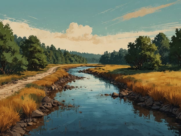 Auf dem Bild ist eine idyllische Landschaft zu sehen, die eine ruhige Wasserfläche in einem Delta zeigt. Es gibt einen sanften Fluss, der von üppigem Grün und goldenem Gras umgeben ist. Ein geschwungener Weg führt entlang des Wassers und lädt zu einem Naturnahen Erlebnis ein, wie zum Beispiel:- **Wanderungen** entlang des Ufers, wo man die Flora und Fauna beobachten kann.- **Vogelbeobachtung**, da die Wasserflächen oft Lebensraum für verschiedene Vogelarten bieten.- **Fotografieren** der beeindruckenden Landschaft und der tierischen Bewohner.- **Kanu- oder Kajakfahrten** auf dem ruhigen Wasser für ein aktives Naturerlebnis.Diese Aktivitäten ermöglichen es, die Schönheit und Ruhe der Natur im Delta voll auszukosten.