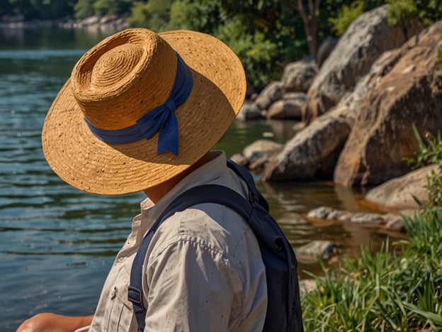 Auf dem Bild ist eine Person mit einem Strohhut zu sehen, die am Ufer eines Gewässers sitzt. Im Hintergrund sind Felsen und eine grüne Umgebung sichtbar, die auf eine naturnahe Umgebung hinweist.### Besucherinfos und praktische Tipps:1. **Ort der Betrachtung**: Solche Naturszenen sind oft in Wandergebieten oder Naherholungsgebieten zu finden. Schauen Sie nach lokalen Seen oder Flüssen in Ihrer Nähe.2. **Ausrüstung**: Ein Sonnenhut, wie der abgebildete, ist empfehlenswert, um sich vor der Sonne zu schützen. Weitere notwendige Dinge sind Wasser, Snacks und eventuell eine Kamera für die schönen Landschaften.3. **Aktivitäten**: Nutzen Sie die Gelegenheit für Aktivitäten wie Angeln, Bootfahren oder Wandern in der Umgebung. Viele dieser Plätze bieten Wanderwege und Picknickplätze an.4. **Umweltschutz**: Achten Sie darauf, Ihren Müll mitzunehmen, um die Natur sauber zu halten und die Tierwelt nicht zu stören.5. **Kleidung**: Tragen Sie bequeme, wettergerechte Kleidung, die auch schmutzig werden kann, wenn Sie die Umgebung erkunden.Viel Spaß beim Erkunden der Natur!
