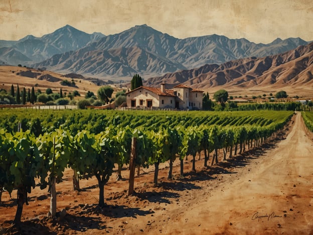Auf dem Bild ist eine malerische Weinlandschaft zu sehen, die mit Weinreben übersät ist. Im Hintergrund erheben sich majestätische Berge, die typisch für die Region Cafayate in Argentinien sind. In der Nähe der Weinreben steht ein rustikales Weingut oder ein landwirtschaftliches Gebäude, das eine einladende Atmosphäre schafft.Cafayate ist bekannt für seine Weinproduktion, insbesondere für den Torrontés und Malbec. Besucher können in den verschiedenen Weingütern an Weinverkostungen teilnehmen und mehr über die Weinherstellung erfahren. Außerdem bieten viele Weingüter gastronomische Erlebnisse an, die lokale Speisen mit erlesenen Weinen kombinieren. Die beeindruckende Landschaft und die freundlichen Gastgeber machen Cafayate zu einem beliebten Ziel für Weinliebhaber.