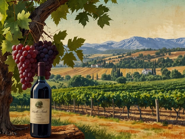 Auf dem Bild sind Trauben und eine Flasche Wein zu sehen, umgeben von einer malerischen Weinlandschaft. Diese Darstellung spiegelt die reiche Kultur und Tradition des Weinbaus wider. Weinbau hat in vielen Regionen eine lange Geschichte, die oft mit Festen, kulinarischen Traditionen und regionalem Stolz verbunden ist.Die Weinreben, die im Hintergrund wachsen, sind ein Zeichen von sorgfältiger Pflege und handwerklichem Können der Winzer, die Techniken über Generationen weitergeben. Der Wein selbst ist nicht nur ein Getränk, sondern oft auch Teil sozialer Zusammenkünfte und Feiern, was die kulturelle Bedeutung des Weinbaus verstärkt. Von der Ernte bis zum Genuss im Glas erzählt jeder Schritt eine Geschichte über Land, Menschen und Traditionen.