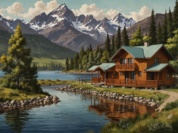 Auf dem Bild sind rustikale Holzhäuser am Ufer eines Sees zu sehen, umgeben von einer malerischen Berglandschaft mit schneebedeckten Gipfeln. Die Szene vermittelt eine friedliche, naturnahe Atmosphäre, ideal für Erholung und Entspannung.Für eine Anreise zu solch einem Ort bieten sich verschiedene Möglichkeiten an, je nach Standort könnten Auto, Zug oder Flugzeug genutzt werden. In der Umgebung gibt es wahrscheinlich verschiedene Unterkünfte, von Ferienhäusern und kleinen Hütten bis hin zu Hotels, die eine komfortable Übernachtung ermöglichen. Ideal für Naturliebhaber, die der Hektik des Alltags entfliehen möchten.