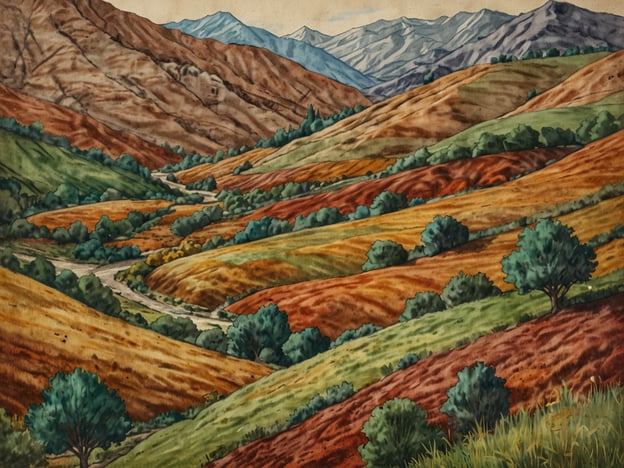 Das Bild zeigt eine malerische Landschaft mit sanften Hügeln, die in verschiedenen Erdtönen schimmern, und bewachsenen Flächen, möglicherweise inspiriert von der Umgebung von Purmamarca in Argentinien.**Reisetipps für einen Besuch in Purmamarca:**1. **Cerro de los Siete Colores**: Dieser berühmte Berg ist ein Muss. Planen Sie eine Wanderung oder bringen Sie Ihre Kamera mit, um die spektakulären Farben festzuhalten.2. **Lokale Märkte**: Besuchen Sie den Markt von Purmamarca, wo Sie handgefertigte Souvenirs und lokale Spezialitäten kaufen können. Es ist eine großartige Gelegenheit, die Kultur zu erleben.3. **Wanderungen**: Die Umgebung bietet viele Wanderwege. Eine beliebte Route ist der Weg zum „Salinas Grandes“, den Sie nicht verpassen sollten.4. **Zeit für Sonnenuntergänge**: Die Sonnenuntergänge in Purmamarca sind atemberaubend. Suchen Sie sich einen hohen Punkt und genießen Sie die Farben, die den Himmel erleuchten.5. **Essen und Trinken**: Probieren Sie die regionale Küche, insbesondere die Empanadas und die typischen Weine aus der Region.6. **Kulturelle Veranstaltungen**: Informieren Sie sich über traditionelle Feste oder Veranstaltungen, die während Ihres Besuchs stattfinden.Purmamarca ist ein wunderbarer Ort, um die atemberaubende Natur und die Kultur Nordargentiniens zu erleben!