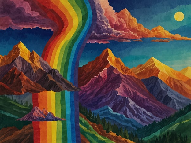 Auf dem Bild ist eine wunderschöne, farbenfrohe Darstellung eines Gebirges zu sehen, das an den berühmten „Berg der sieben Farben“ in Peru erinnert. Dieser legendäre Berg, auch bekannt als Vinicunca oder Rainbow Mountain, ist für seine atemberaubenden Farben bekannt, die durch verschiedene mineralische Zusammensetzungen entstehen.In der Mythologie wird oft erzählt, dass die Farben des Berges das Ergebnis von magischen Kräften sind, die die Götter gesandt haben, um die Erde zu verschönern. Es wird gesagt, dass jeder Farbton eine besondere Bedeutung hat: Rot steht für die Kraft der Erde, Blau für die Kühle der Bergluft, und Gelb symbolisiert das Licht der Sonne.Die Legenden berichten auch von den Inka, die diese Berge als heilig betrachteten und ihnen eine starke spirituelle Bedeutung zuschrieben. Traditionell wird angenommen, dass der Regenbogen, der über den Berg zu fließen scheint, den Weg zu den Göttern und zur spirituellen Erleuchtung symbolisiert.Insgesamt fängt das Bild die majestätische Schönheit und die mystische Atmosphäre des „Bergs der sieben Farben“ ein, und es lädt die Betrachter ein, tief in die reiche Kultur und Mythologie des Andenraums einzutauchen.