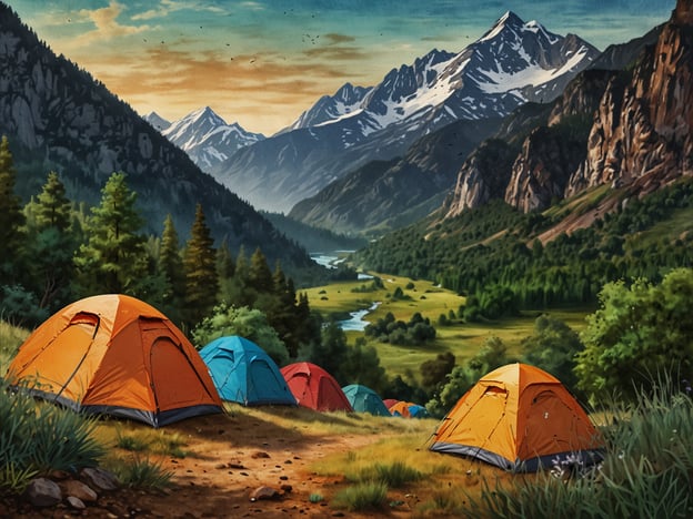 Auf dem Bild ist eine wunderschöne Berglandschaft mit mehreren Zelten zu sehen, die sich in einem malerischen Tal befinden. Umgebung lädt zu spannenden Aktivitäten ein:1. **Wanderungen:** Entdeckst die umliegenden Berge und genießt atemberaubende Ausblicke. Die Wanderwege bieten die Chance, die Flora und Fauna der Region zu erleben.2. **Camping:** Verbringt die Nächte unter dem Sternenhimmel, am Lagerfeuer Geschichten zu erzählen und die Natur zu genießen.3. **Fotografie:** Nutzt die beeindruckenden Landschaften für unvergessliche Fotos. Die verschiedenfarbigen Zelte setzen einen schönen Kontrast zur Naturkulisse.4. **Angeln:** In dem klaren Fluss könnte Angeln eine entspannende Aktivität sein und für frischen, leckeren Fisch sorgen.5. **Tierbeobachtungen:** Haltet Ausschau nach Wildtieren, die in den Wäldern und Bergen leben, und erlebt die Natur hautnah.Diese eindrucksvolle Kulisse ist perfekt für Abenteuerlustige und Naturliebhaber!