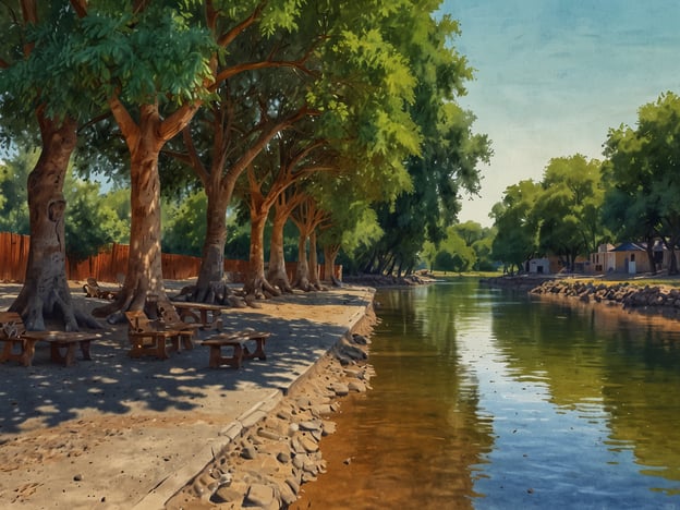 Auf dem Bild ist eine ruhige Flusslandschaft zu sehen, die von großen, schattenspendenden Bäumen gesäumt ist. Am Ufer befinden sich Holzbänke und Tische, die zum Verweilen einladen. Das Wasser spiegelt die grüne Umgebung wider und vermittelt eine friedliche Atmosphäre.Wenn du nach Colonia Carlos Pellegrini reist, kannst du ähnliche idyllische Landschaften und Naturerlebnisse genießen. Diese Gegend ist bekannt für ihre Tierwelt und die ruhigen Gewässer, ideal für einen entspannten Aufenthalt in der Natur.